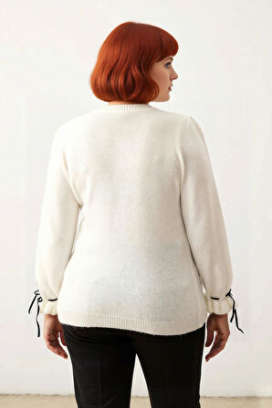 Kadın Casual Akrilik Triko Kazak Ajurlu Desen Dik Yaka Kurdele Detaylı Düşük Kol Kışlık Model