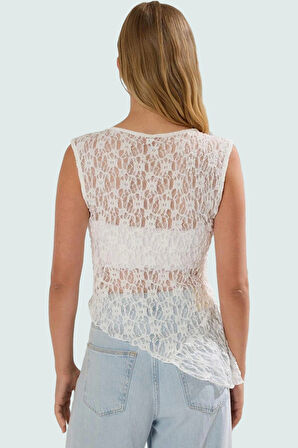 Asimetrik Dantel Örme Bluz Renk Kolsuz Fitted Yazlık Rahat Zarifane Tasarım