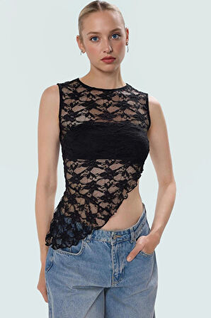Asimetrik Dantel Örme Bluz Renk Kolsuz Fitted Yazlık Rahat Zarifane Tasarım
