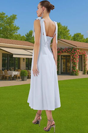 Bağcıklı Askılı A Kesim Midi Abiye Elbise Finike Dokuma Kumaştan Trend Tasarım Zarifane Tasarım