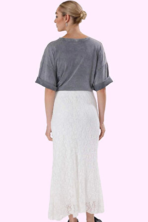 Kadın Yüksek Bel A line Örme Midi Etek Dantel Detay Yazlık Rahat Yaz Aylarının Vazgeçilmezi