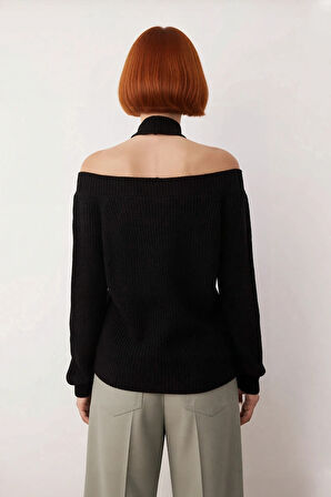 Kadın Modern Regular Fit Carmen Yaka Çapraz Detaylı Uzun Kollu Kışlık Triko Crop Kazak Kaliteli