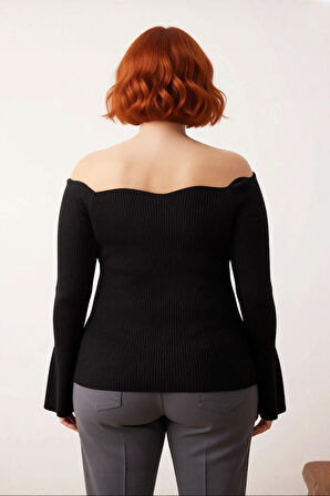 Kadın Günlük Carmen Yaka Fitilli Triko Kazak Fitted Düz Desen Uzun Reglan Kol Modern Şık Kaliteli