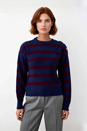 Kadın Düşük Kol Regular Kalıp Çizgili Bisiklet Yaka Omuz Düğme Detaylı Triko Kışlık Kazak Kaliteli