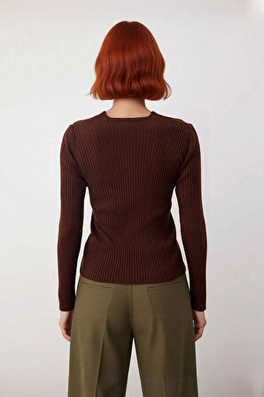 Kadın Fitted Akrilik Kumaş Kruvaze Yaka Uzun Kollu Triko Kazak Günlük Şık Ve Rahat Kullanım İçin