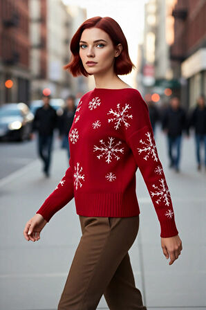 Kadınlara Özel Kayık Yaka Oversize Triko Kar Taneli Uzun Kollu Kışlık Kazak Modeli Kaliteli