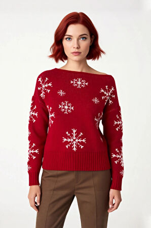 Kadınlara Özel Kayık Yaka Oversize Triko Kar Taneli Uzun Kollu Kışlık Kazak Modeli Kaliteli