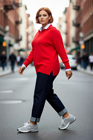 Kadın Kırmızı Düşük Kol Regular Triko Kazak Devrik Yaka Fermuarlı Akrilik Düz Desen Kışlık