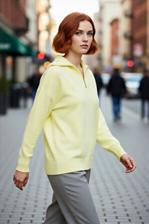 Kadın Kırmızı Düşük Kol Regular Triko Kazak Devrik Yaka Fermuarlı Akrilik Düz Desen Kışlık