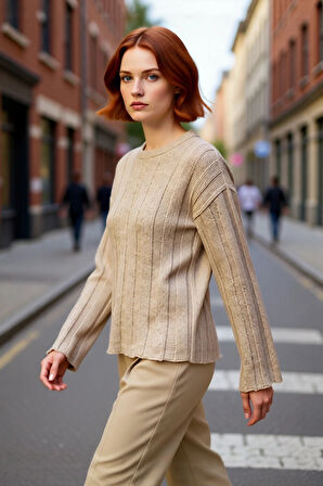 Kadın Pamuklu Triko Kazak Fitilli Regular Kalıp Bisiklet Yaka Rahat Günlük Şıklık Uzun Kollu