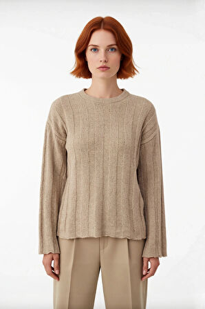 Kadın Pamuklu Triko Kazak Fitilli Regular Kalıp Bisiklet Yaka Rahat Günlük Şıklık Uzun Kollu