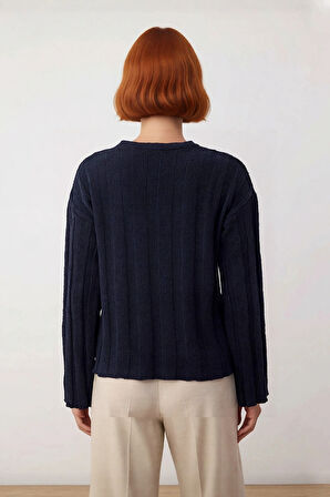 Kadın Pamuklu Triko Kazak Fitilli Regular Kalıp Bisiklet Yaka Rahat Günlük Şıklık Uzun Kollu