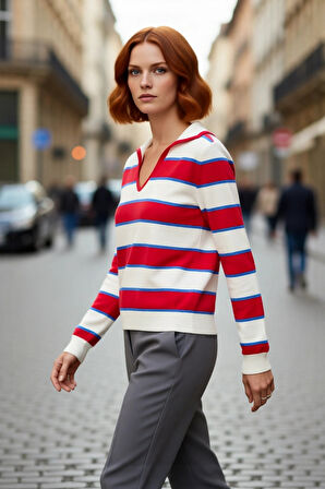 Casual Şıklık Sunan Kadın Triko Kazak Standart Kol Polo Yaka Çizgili Tasarımıyla Her Mevsim Sizinle