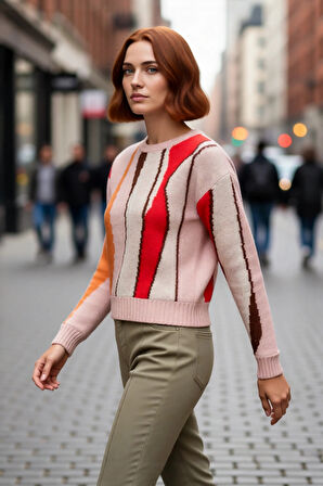 Kadın Bisiklet Yaka Renk Bloklu Triko Kazak Regular Kalıp Kış İçin Şık Düşük Kol Tasarım Kaliteli