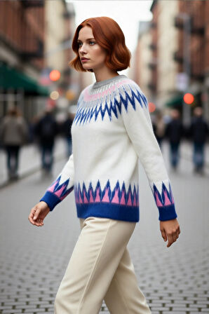 Kadın Günlük Kullanım İçin Rahat Reglan Kol Regular Kalıp Triko Kışlık Geometrik Desenli Kazak