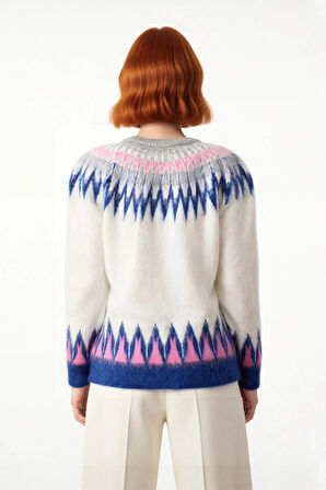 Kadın Günlük Kullanım İçin Rahat Reglan Kol Regular Kalıp Triko Kışlık Geometrik Desenli Kazak