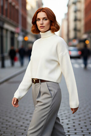 Kadın Oversize Balıkçı Yaka Düşük Kol Triko Kazak Süper Crop Boy Kışlık Rahat Ve Şık Tasarım