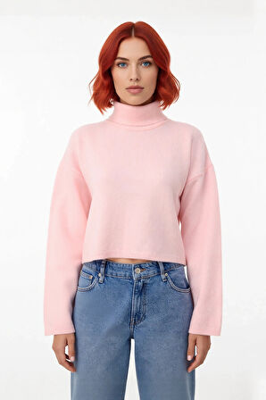 Kadın Oversize Balıkçı Yaka Düşük Kol Triko Kazak Süper Crop Boy Kışlık Rahat Ve Şık Tasarım