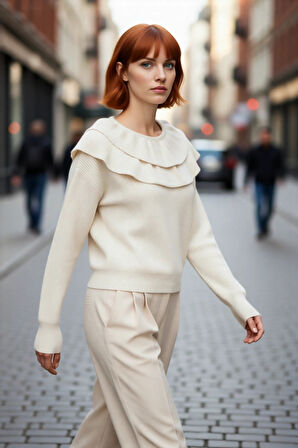 Kadın Günlük ve Şık Uzun Kollu Triko Kazak Fırfır Yaka Detaylı Akrilik Karışım Konfor Kaliteli