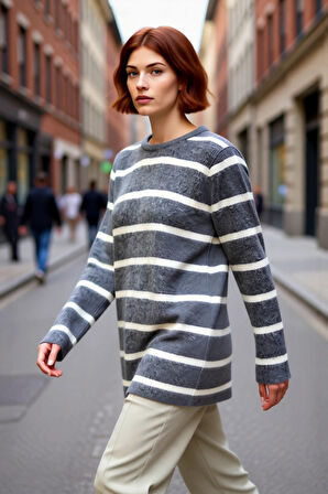 Kadın Çizgili Triko Düşük Kol Bisiklet Yaka Kışlık Tesettür Giyim Rahat Regular Kalıp Kazak