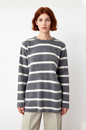 Kadın Çizgili Triko Düşük Kol Bisiklet Yaka Kışlık Tesettür Giyim Rahat Regular Kalıp Kazak