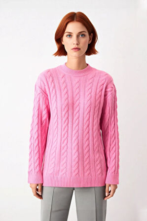 Rahat Şık Kadın Regular Kalıp Saç Örgü Triko Kazak Bisiklet Yaka Uzun Kollu Günlük Kombin Kaliteli