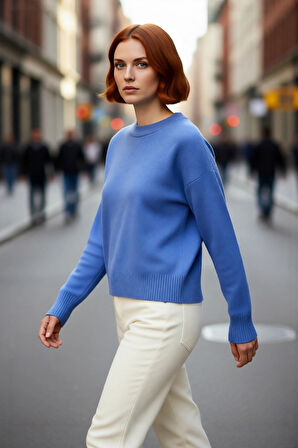 Kadın Koyu Kırmızı Konforlu Oversize Triko Bisiklet Yaka Düşük Kol Kış Gardırobu İçin Kazak