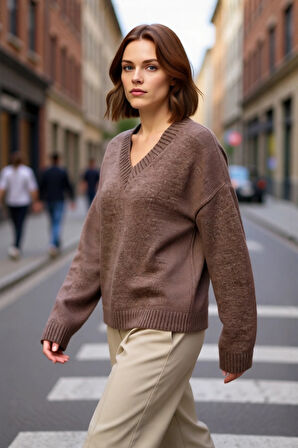 Kadın V Yaka Triko Kazak Geniş Kalıbı ve Yumuşak Dokusuyla Soğuk Havalarda Konforlu Bir Deneyim