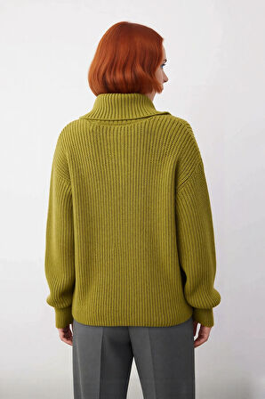 Kadınlar İçin Kışlık Kalın Regular Fit Triko Kazak Düşük Kollu Fermuarlı Dik Yaka Günlük Şıklık