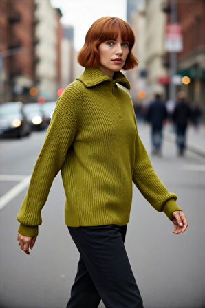 Kadınlar İçin Kışlık Kalın Regular Fit Triko Kazak Düşük Kollu Fermuarlı Dik Yaka Günlük Şıklık