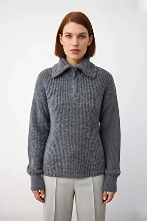 Kadınlar İçin Kışlık Kalın Regular Fit Triko Kazak Düşük Kollu Fermuarlı Dik Yaka Günlük Şıklık