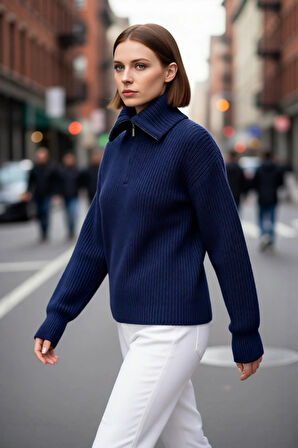 Kadınlar İçin Kışlık Kalın Regular Fit Triko Kazak Düşük Kollu Fermuarlı Dik Yaka Günlük Şıklık