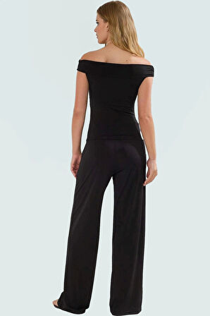 Esnek Örme Kumaş Bluz Pantolon Takım Carmen Yaka ve Geniş Paça ile Mükemmel Konfor