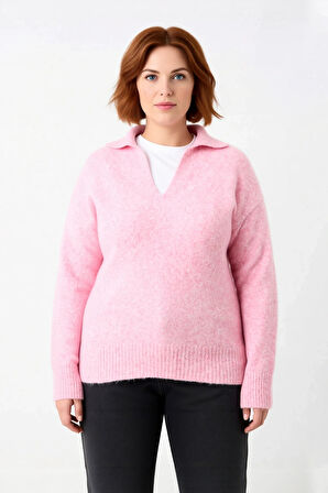 Kadın Günlük Stilinize Zarafet Katacak Regular Kalıp Polo Yaka Düz Desen Triko Kazak Kaliteli