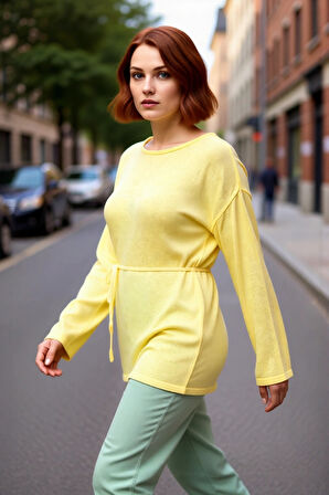 Kadın Uzun Kollu Kayık Yaka Triko Kazak Düz Desen Rahat Regular Kalıp Kuşaklı Şık Giyim Kaliteli