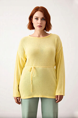 Kadın Uzun Kollu Kayık Yaka Triko Kazak Düz Desen Rahat Regular Kalıp Kuşaklı Şık Giyim Kaliteli