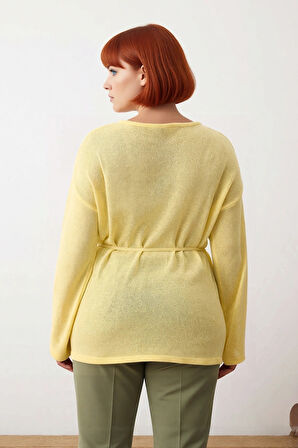 Kadın Uzun Kollu Kayık Yaka Triko Kazak Düz Desen Rahat Regular Kalıp Kuşaklı Şık Giyim Kaliteli