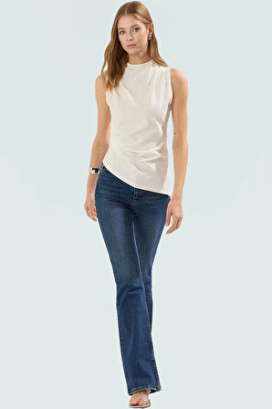 Fitted Dik Yaka Bluz Polyester Örme Kumaş Asimetrik Kısa Kollu Özenle Seçilmiş