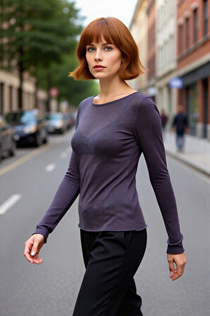 Kadın Şık Günlük Bisiklet Yaka İnce Dokulu Rahat Kesim Viskoz Uzun Kollu Triko Bluz Modeli