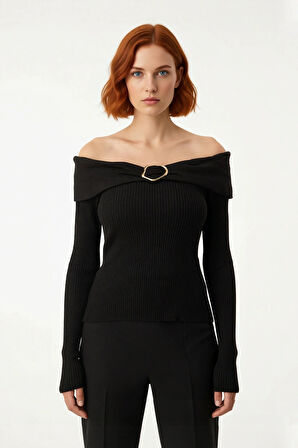 Kadın Kahverengi Aksesuar Detaylı İnce Triko Kazak Carmen Yaka Fitted Şık Giyim Kaliteli