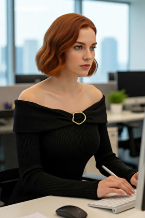 Kadın Kahverengi Aksesuar Detaylı İnce Triko Kazak Carmen Yaka Fitted Şık Giyim Kaliteli