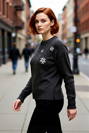 Kadın Pembe Özel Taş Desenli Düşük Omuzlu Bisiklet Yaka Orta Kalınlık Yumuşak Kışlık Triko Kazak