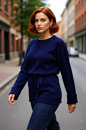 Kadın Tunik Siluet Beli Kuşaklı Düz Desen Bisiklet Yaka Uzun Kollu Relaxed Triko Kazak Kış İçin