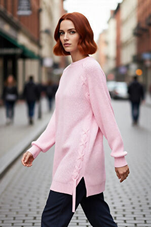 Kadın Uzun Kesim Bisiklet Yaka Reglan Kol Selanik Dokuma Örgü Detaylı Akrilik Triko Kazak Kaliteli