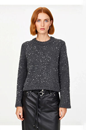 Kadın Fashion Forward Crop Pul Payetli Bisiklet Yaka Regular Fit Orta Kalın Triko Kazak Kaliteli