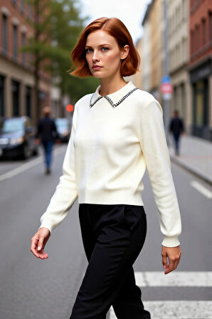 Kadın Casual Polo Yaka Dikiş Detaylı Triko Kazak Regular Kalıp Uzun Kollu Konforlu Tasarım