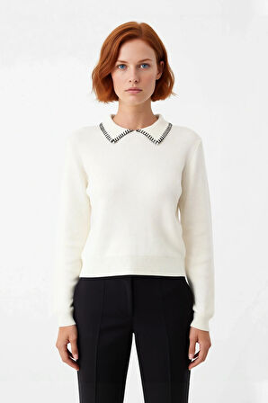 Kadın Casual Polo Yaka Dikiş Detaylı Triko Kazak Regular Kalıp Uzun Kollu Konforlu Tasarım