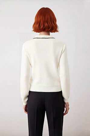 Kadın Casual Polo Yaka Dikiş Detaylı Triko Kazak Regular Kalıp Uzun Kollu Konforlu Tasarım