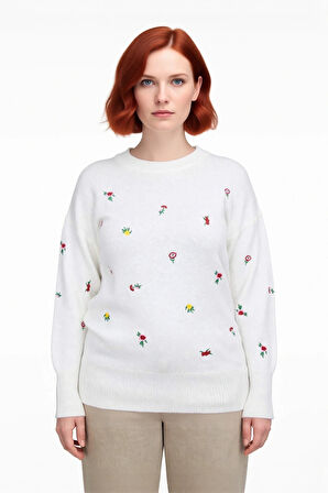 Kadın Casual Uzun Kollu Çiçek Desenli Triko Kazak Regular Kesim Bisiklet Yaka Kış Sezonu Şıklığı