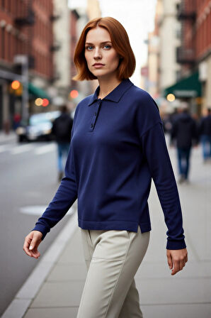 Kadın Düz Desen Polo Yaka Oversize Triko Kazak Düşük Kollu Rahat ve Şık Kışlık Kombinler Kaliteli